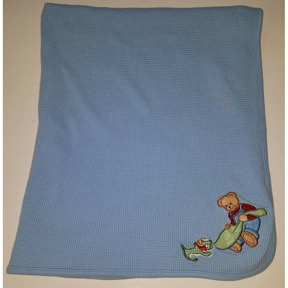 Blue Jean Teddys Bear Waffle Knit Thermal Blanket Dog Baby Boy Lovey SPOT AS IS